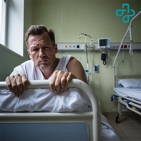 Начало жизни без алкоголя Мужчина в больничной палате лежит на кровати с ломкой
