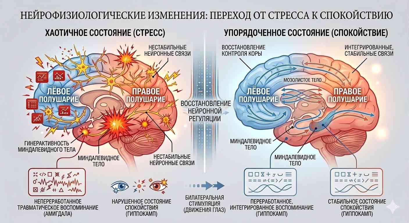 Схема восстановления нейронной регуляции при переходе от стресса к спокойствию Инфографика нейрофизиологических изменений в мозге: сравнение хаотичного состояния стресса и упорядоченных связей после терапии.