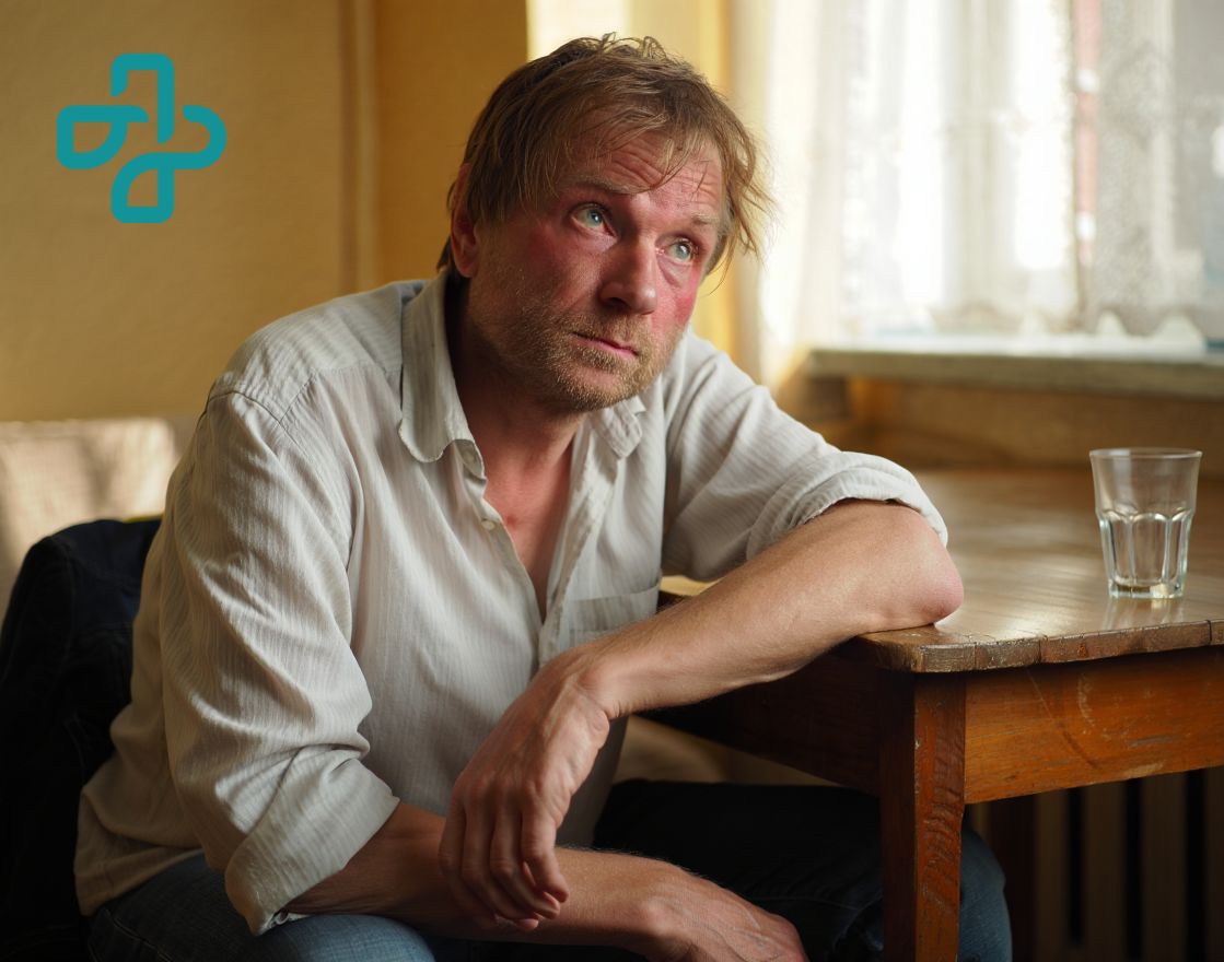Снятие алкогольной интоксикации в Москве круглосуточно Мужчина сидит за столом в состоянии алкогольного опьянения